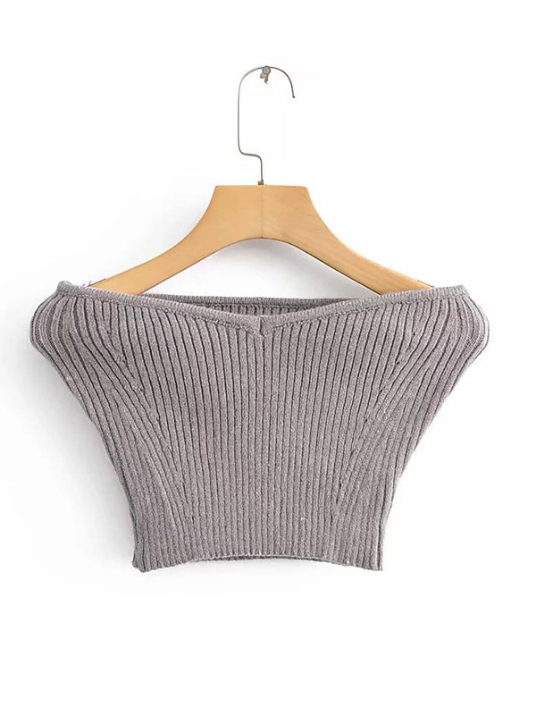 Grey Off-shoulder High Waist Knit Crop Top