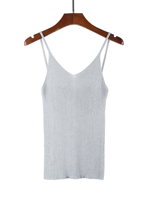 Grey Off Shoulder Shiny Strap Knit Vest