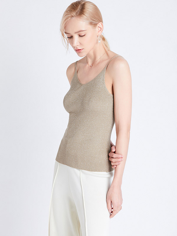 Khaki Off Shoulder Shiny Strap Knit Vest