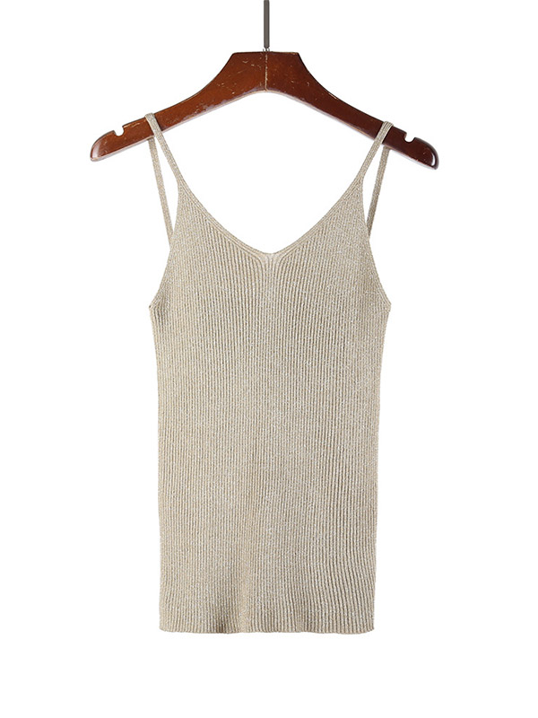 Khaki Off Shoulder Shiny Strap Knit Vest