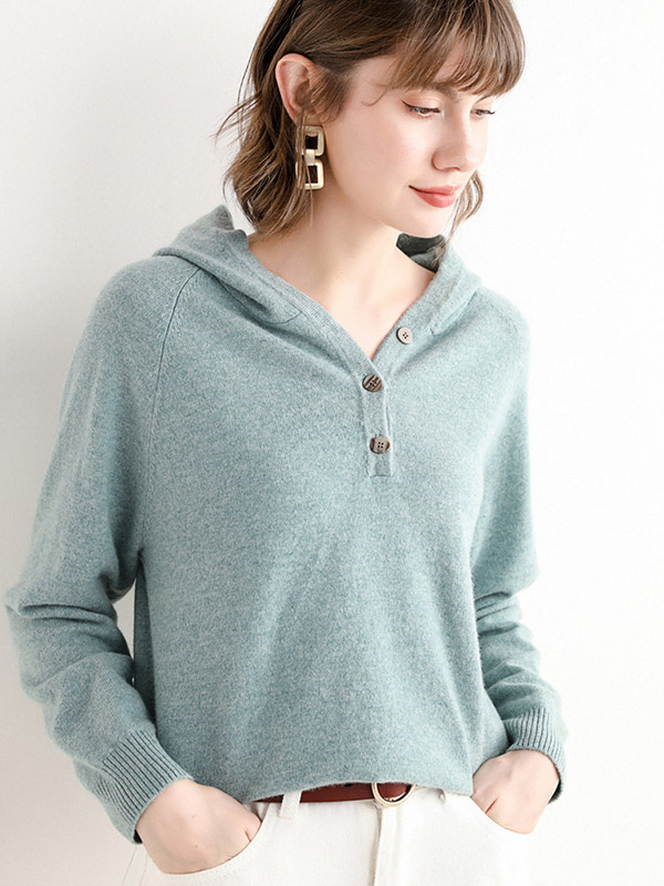 Blue Cashmere Oversize Long Sleeves Knit Hoodies