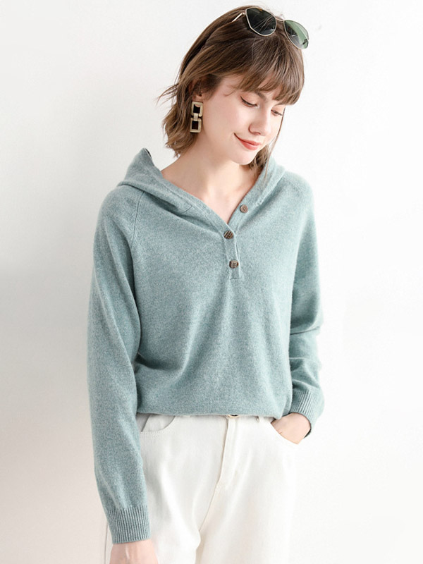 Blue Cashmere Oversize Long Sleeves Knit Hoodies