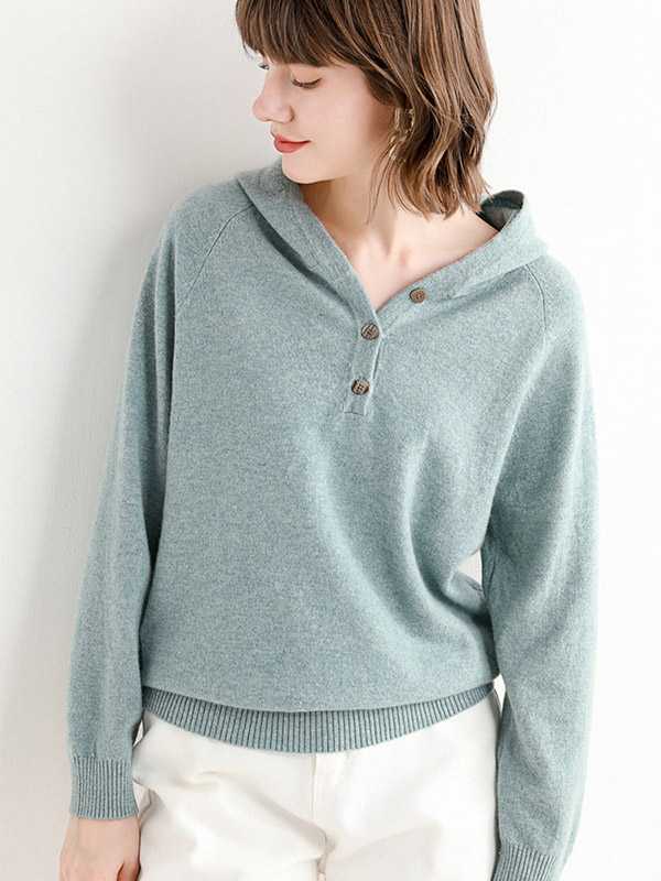 Blue Cashmere Oversize Long Sleeves Knit Hoodies