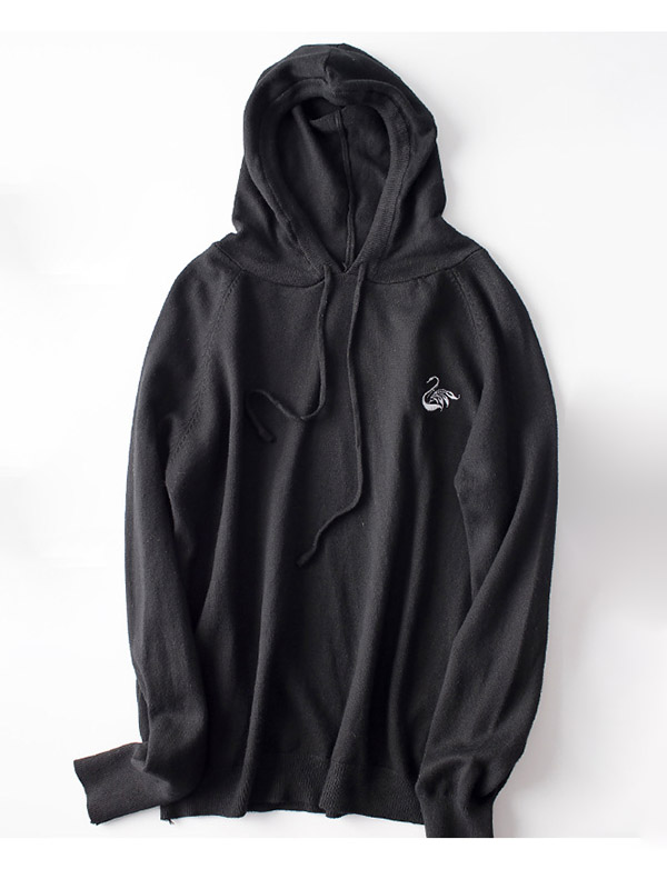 Black Knit Hoodies in Swan Embroidery