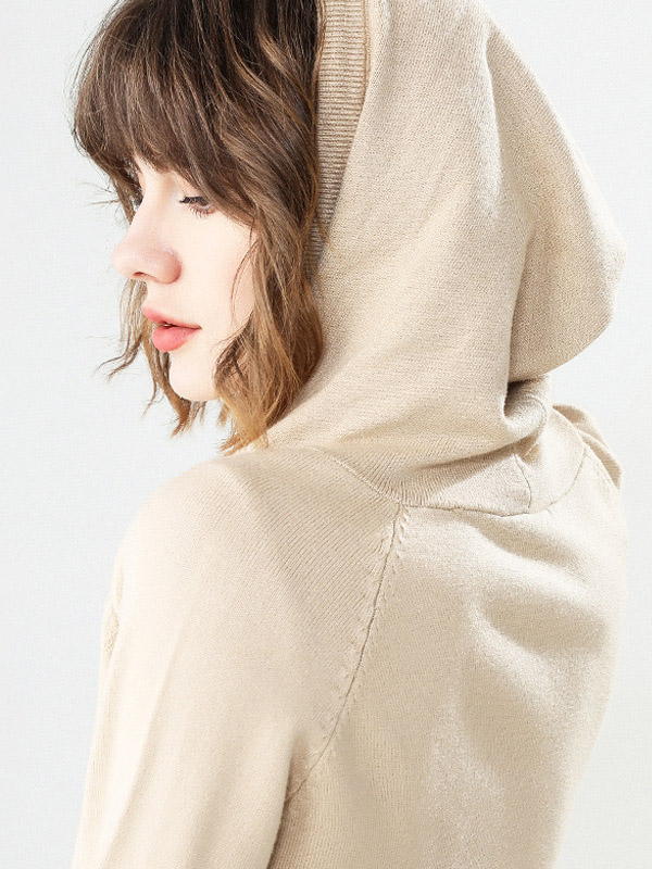 Beige Knit Hoodies in Swan Embroidery