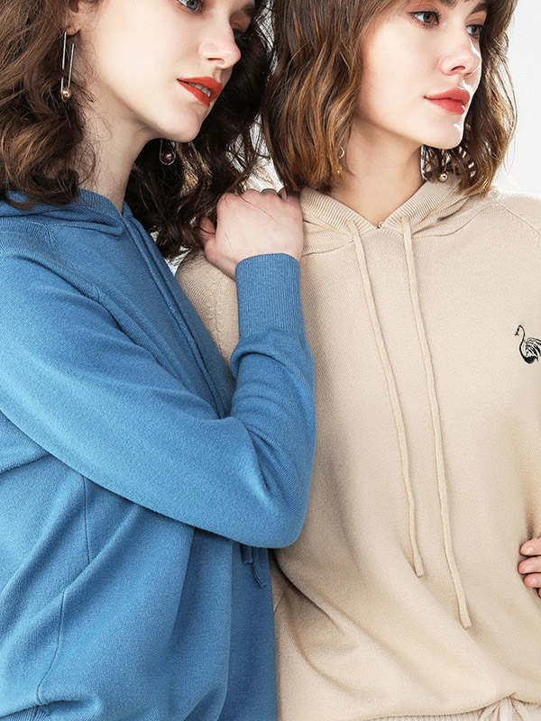 Beige Knit Hoodies in Swan Embroidery