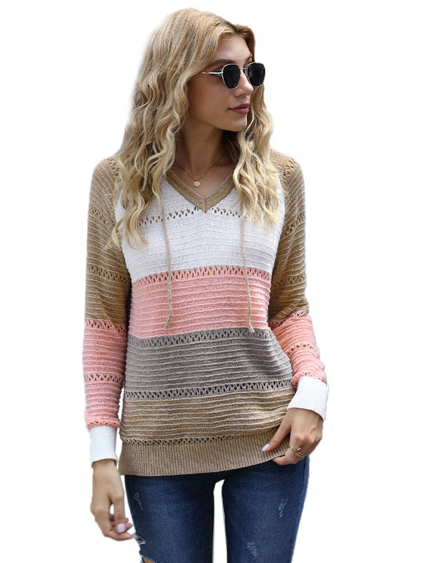 Multi-Color Splicing Side Split Oversize Knit Hoodies