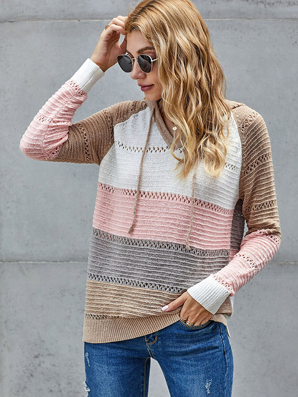 Multi-Color Splicing Side Split Oversize Knit Hoodies