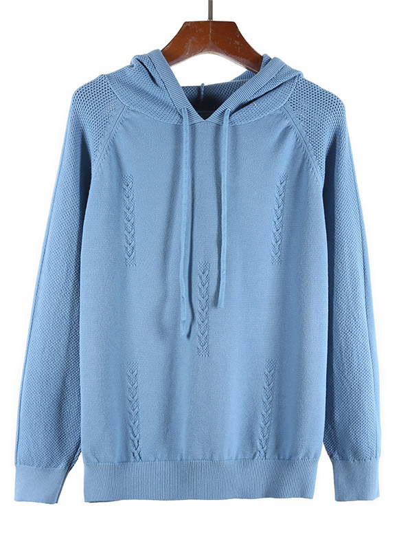 Blue Fine Knit Long Sleeves Hoodies