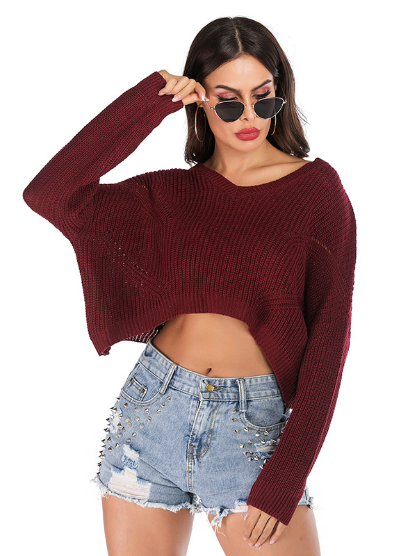 Red Long Sleeves Oversize Knit Cropped Tops