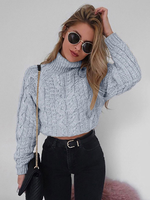 Grey High Neck Long Sleeves Cropped Tops