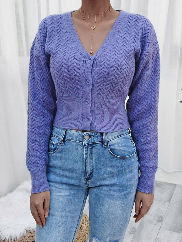 Purple V-neck Cropped Tops with Button Front