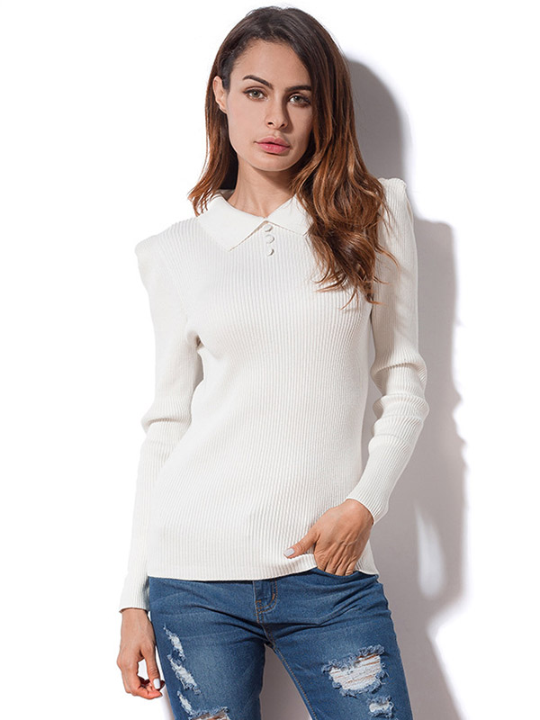 White Turn-down Collar Sweaters with Button Decorated