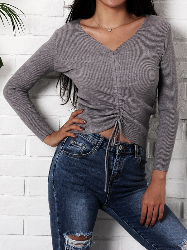 Grey V-neck Ruched Design Cropped Tops