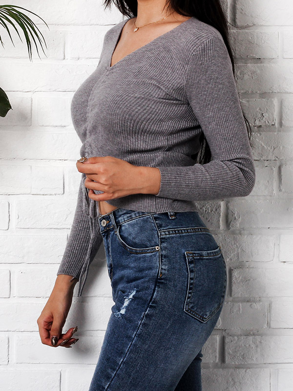 Grey V-neck Ruched Design Cropped Tops