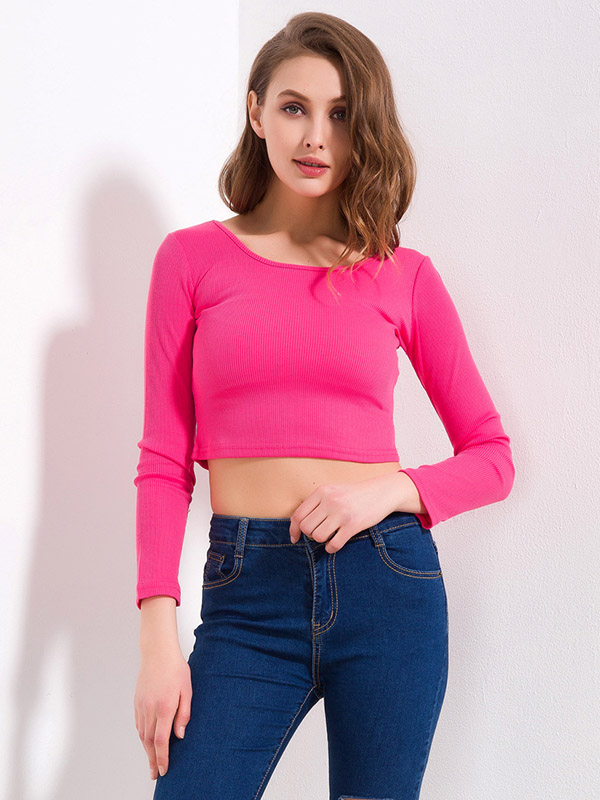 Pink Round Collar Long Sleeve Knit Cropped Tops