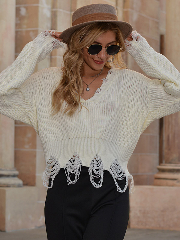 White Oversize V-neck Tassel Knit Cropped Tops