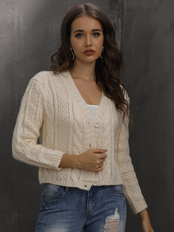 White Oversize V-neck Knit Cropped Tops with Buttons