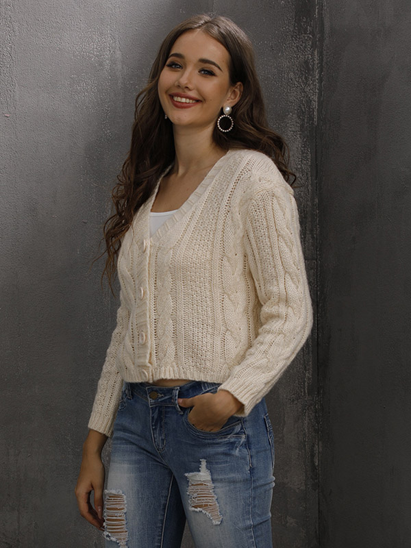 White Oversize V-neck Knit Cropped Tops with Buttons