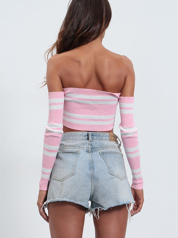 Pink & White Stripes Off Shoulder Cropped Tops