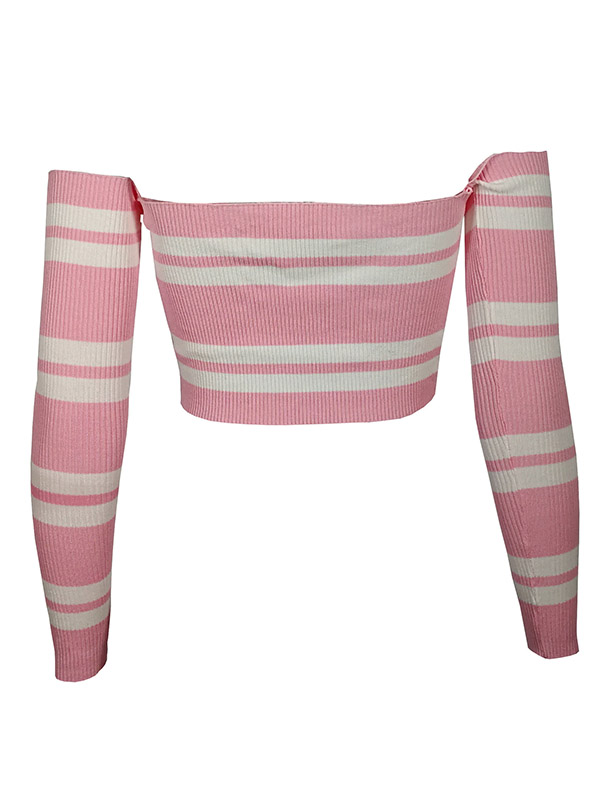 Pink & White Stripes Off Shoulder Cropped Tops