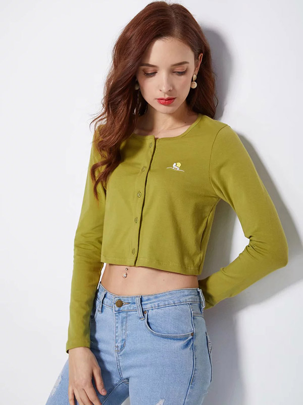 Green Knit Cropped Tops with Button Front