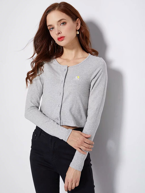 Grey Knit Cropped Tops with Button Front