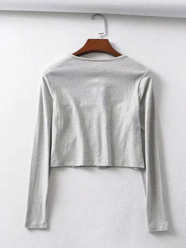 Grey Knit Cropped Tops with Button Front