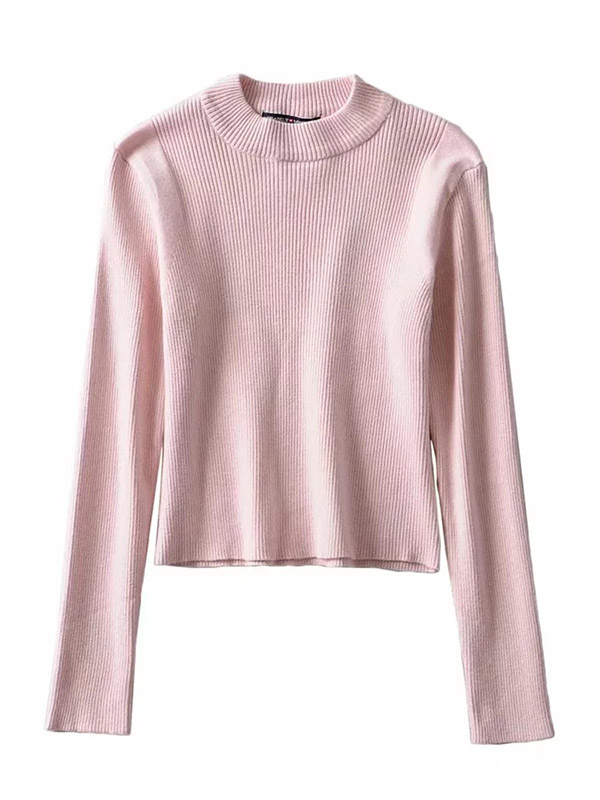 Pink Round Neck Long Sleeve Cropped Tops