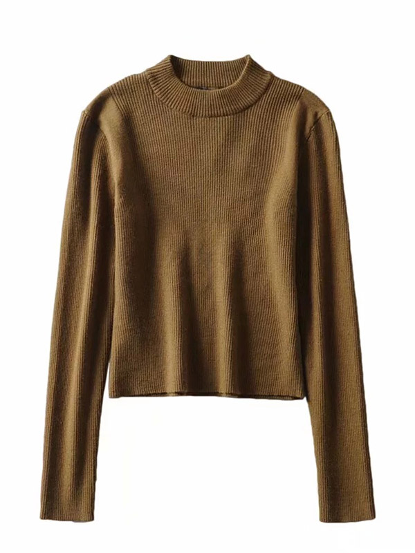 Brown Round Neck Long Sleeve Cropped Tops