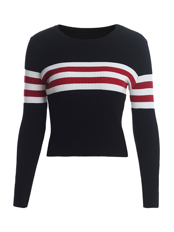 Navy Cropped Tops with Red & Black Stripes