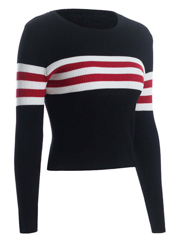 Navy Cropped Tops with Red & Black Stripes