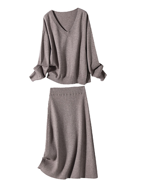 Grey V-neck Knitted Sweaters And Skirts Sets