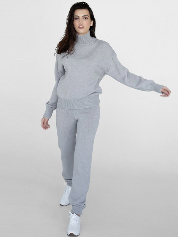 Grey Sporty Knitted Sweater And Jogger Sets