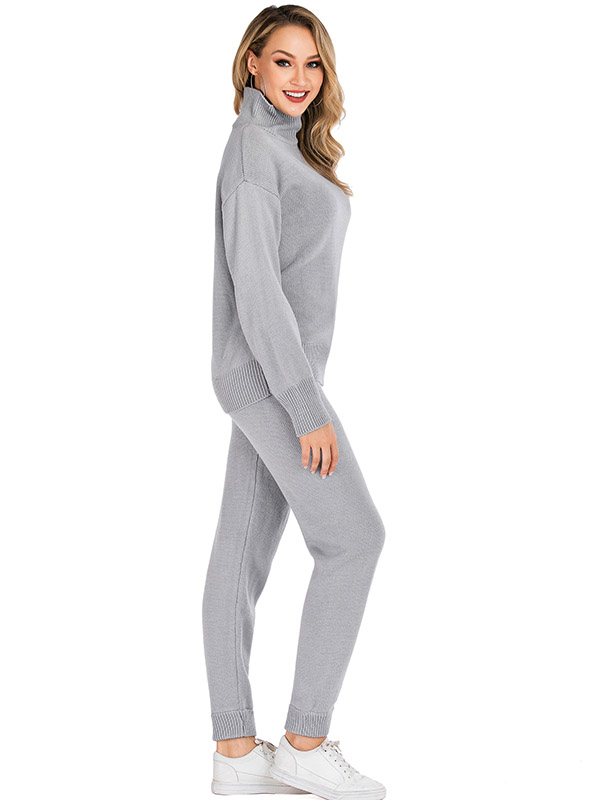 Grey Sporty Knitted Sweater And Jogger Sets