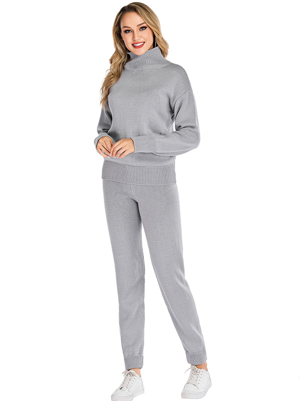 Grey Sporty Knitted Sweater And Jogger Sets