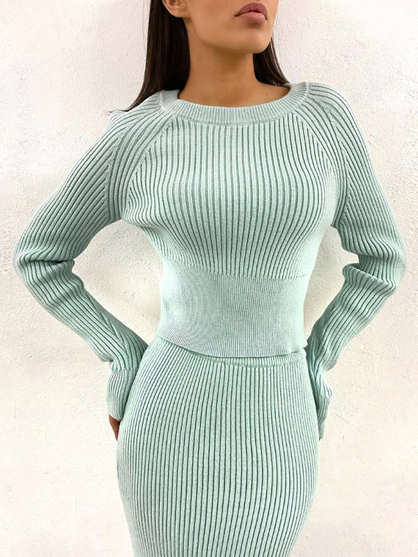 Green Asymmetrical Knit Sweater And Skirt Sets