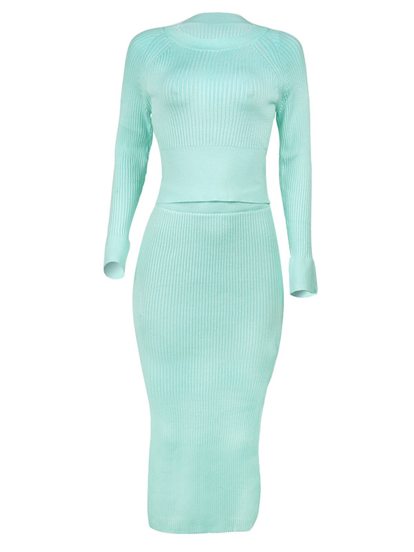 Green Asymmetrical Knit Sweater And Skirt Sets