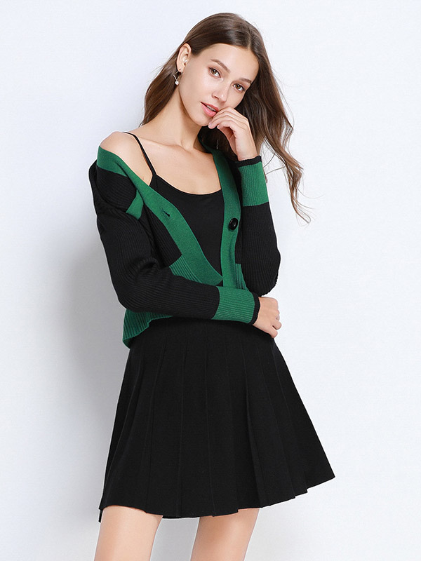 Black Contrast Knitted Cardigan and Skirt Sets