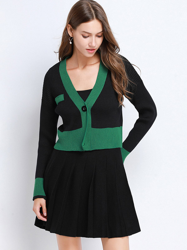 Black Contrast Knitted Cardigan and Skirt Sets