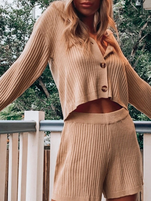 Khaki Cropped Knitted Cardigan And Short Sets