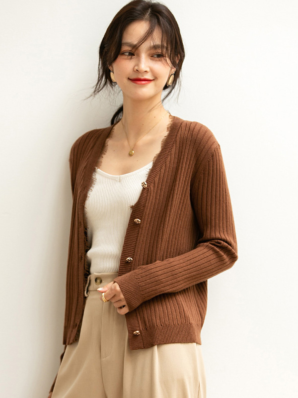 Brown V Neck Caridgan with Lace