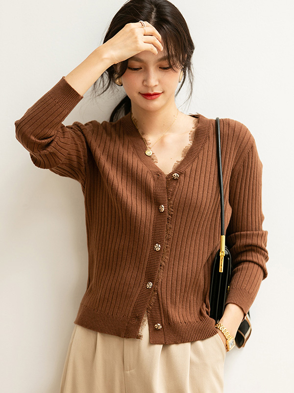 Brown V Neck Caridgan with Lace