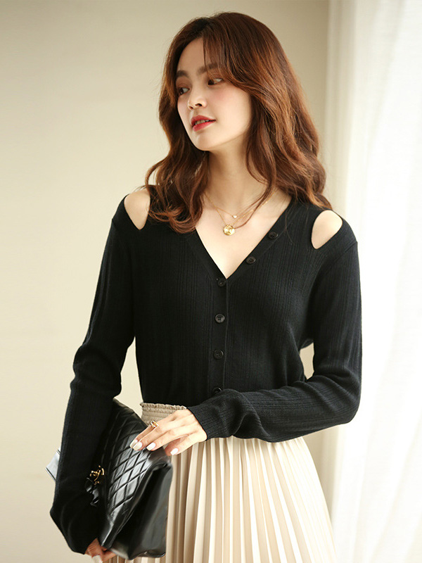 Black V Neck Cold Shoulder Caridgan