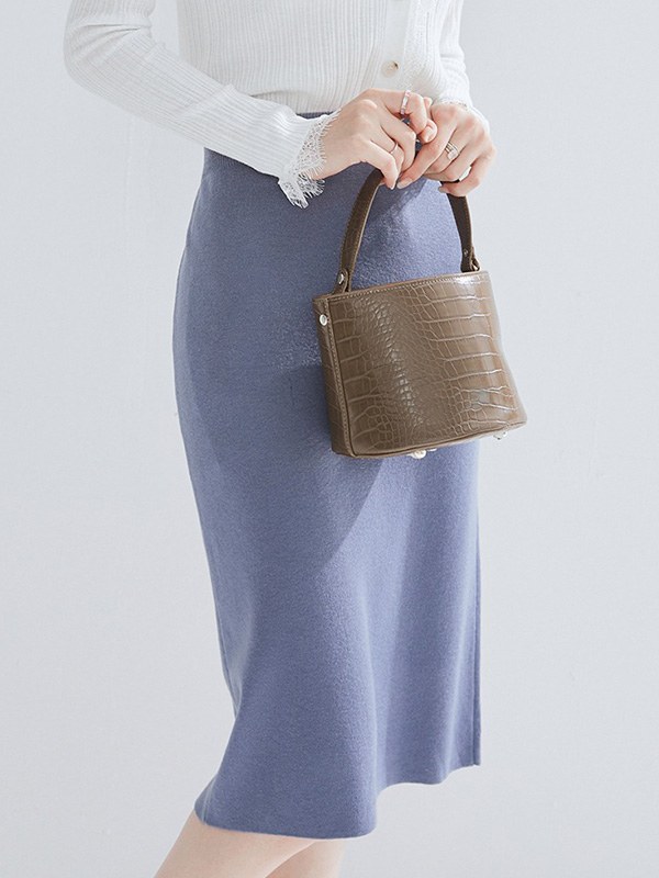 Blue Front Split Knitted Midi Skirt