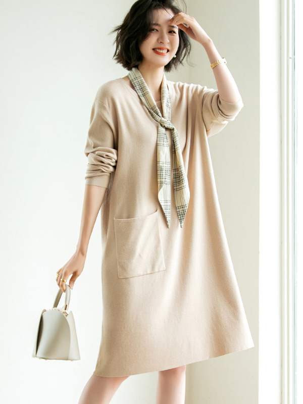 Apricot Shift Midi Dress with Pocket