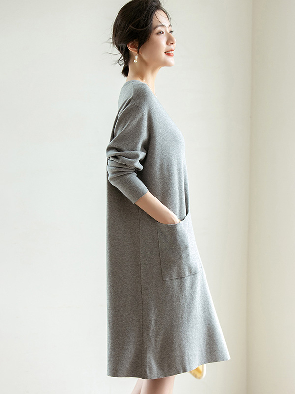 Light Grey Shift Midi Dress with Pocket