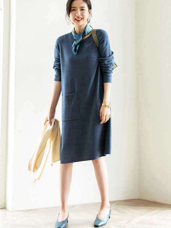 Blue Shift Midi Dress with Pocket