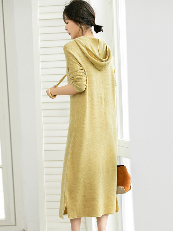 Yellow Hooded Midi Knit Dress