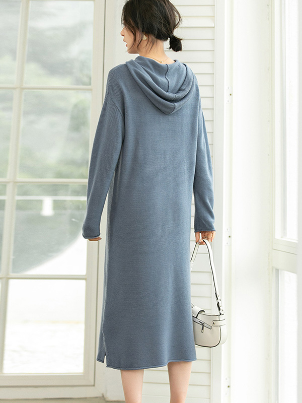 Blue Hooded Midi Knit Dress